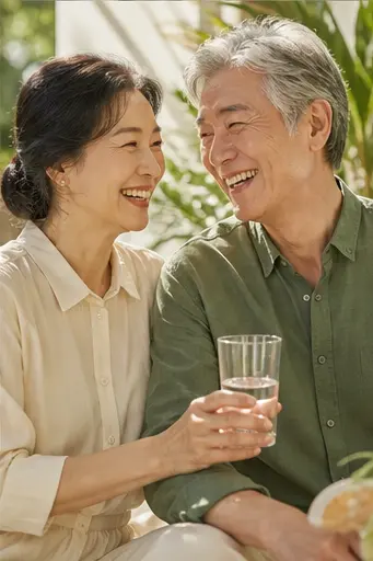 따뜻한 햇살 아래 웃는 부부