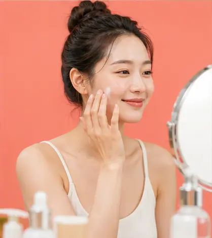 거울 앞에서 스킨케어하는 여성