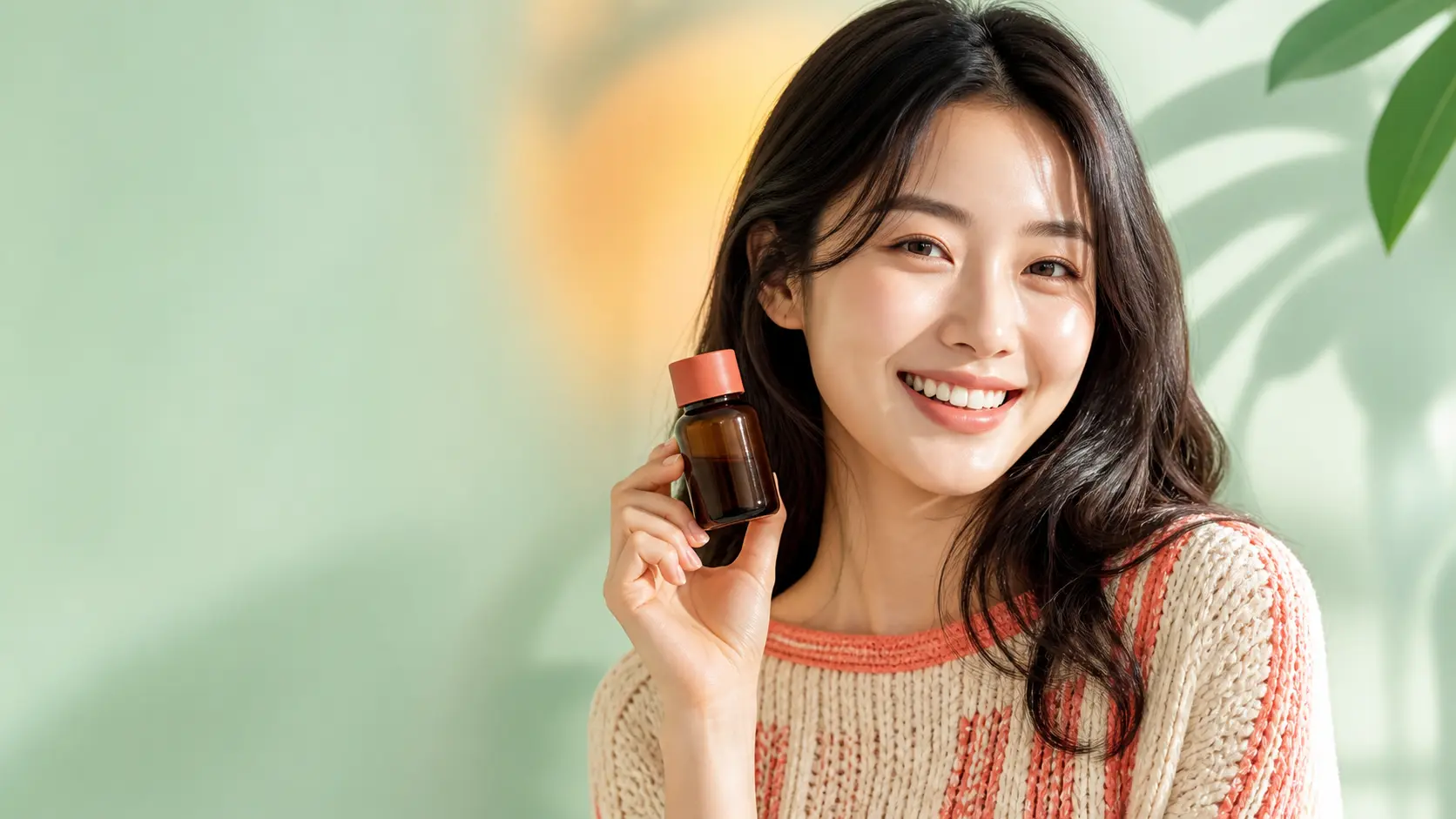 작은 앰버 보틀을 든 온도즈 캠페인 모델