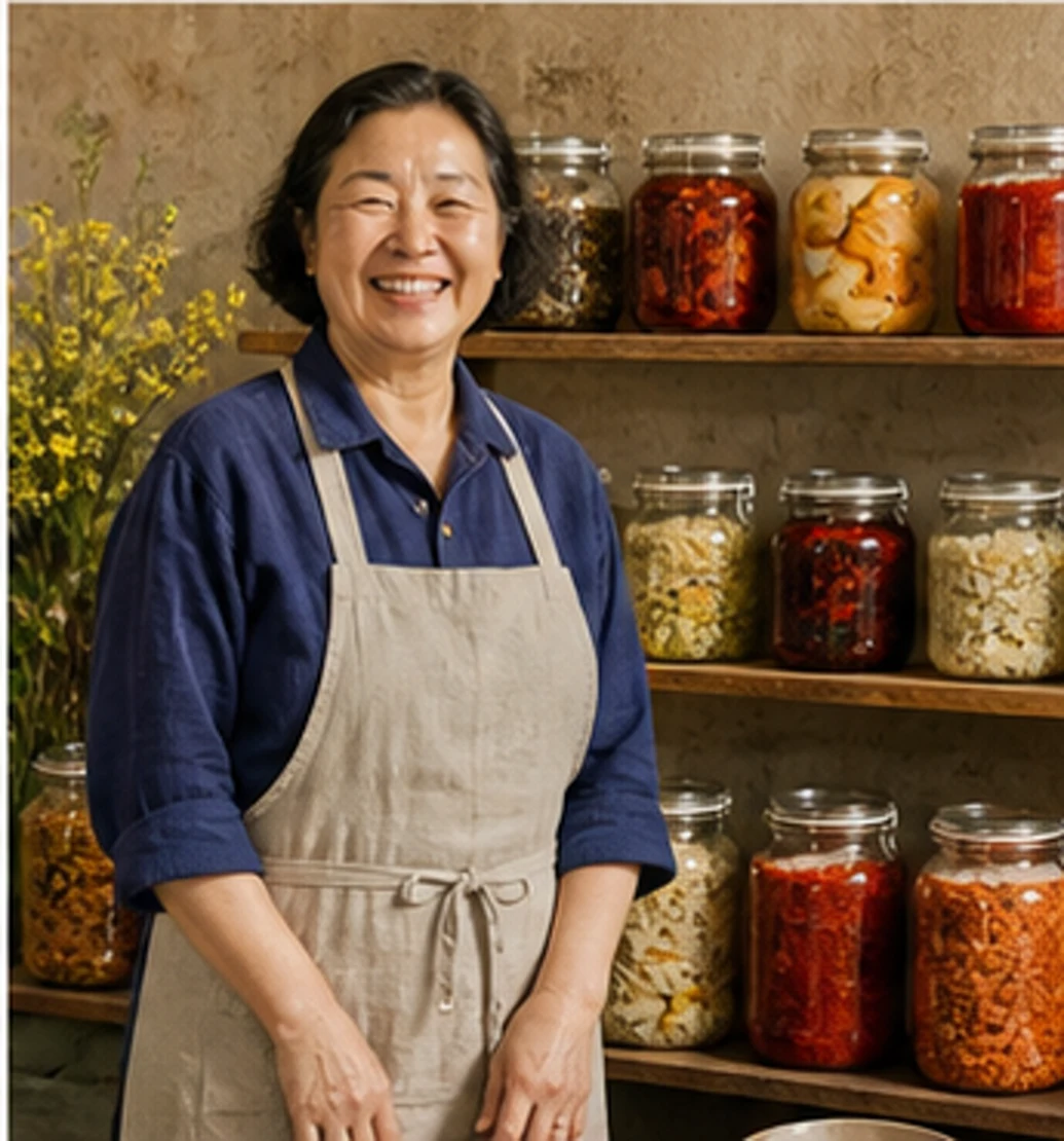 장아찌 병 옆에 선 식료품 생산자