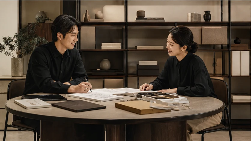 모듈 가구 쇼룸에서 함께 설계안을 검토하는 두 명의 플래너