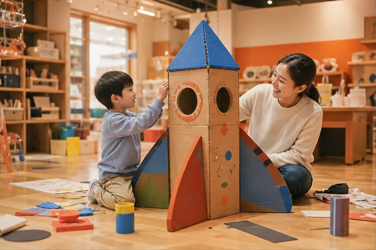 카드보드 로켓을 함께 만드는 보호자와 아이