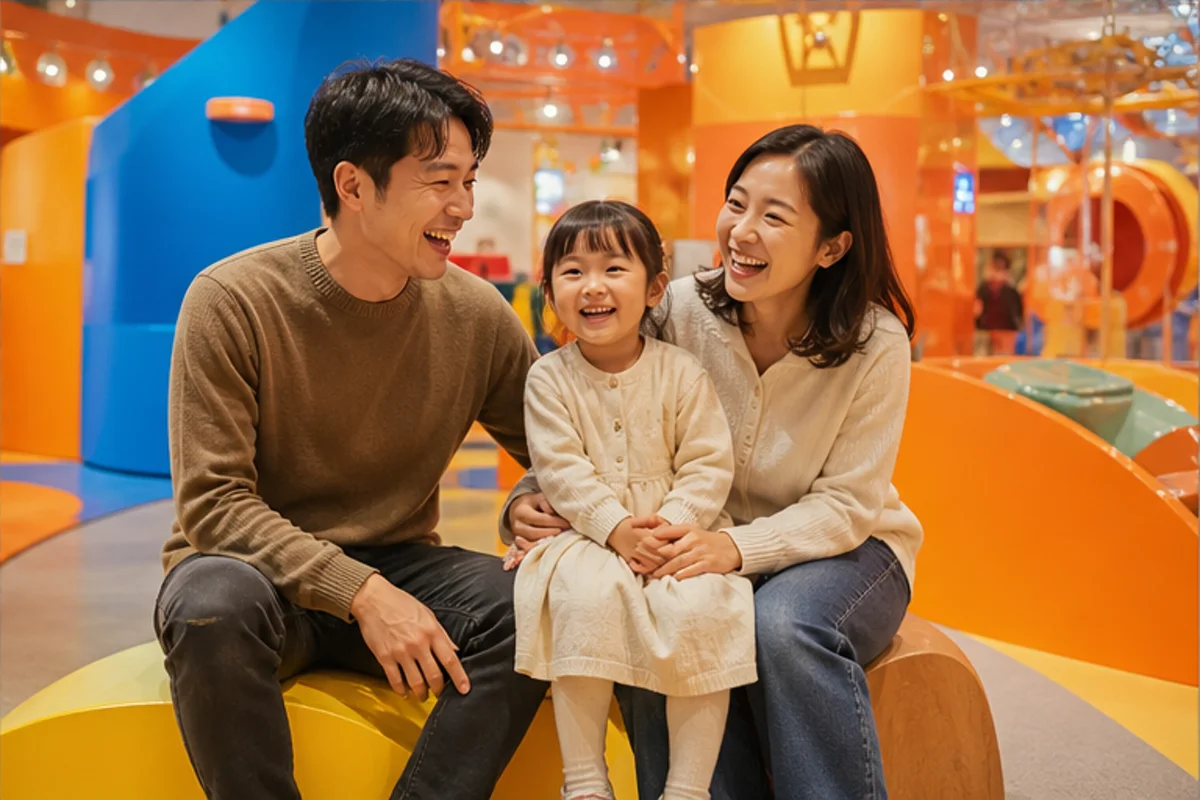놀이 공간에서 웃는 가족