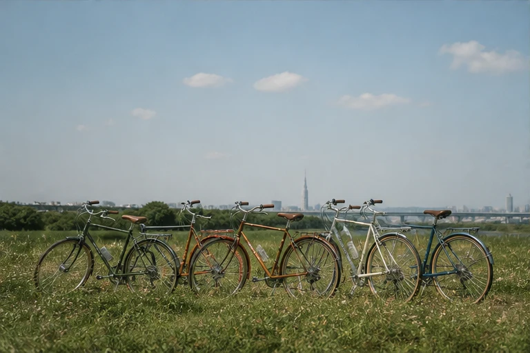 들판에 놓인 여러 대의 자전거