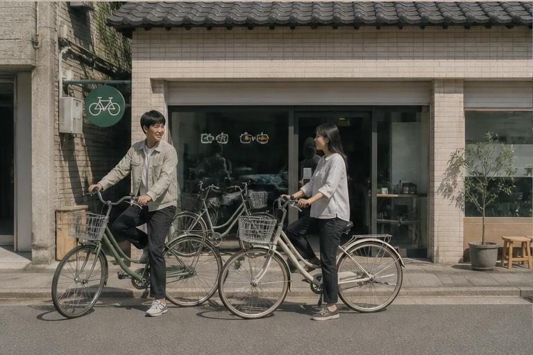 동네 자전거 가게 앞의 두 사람