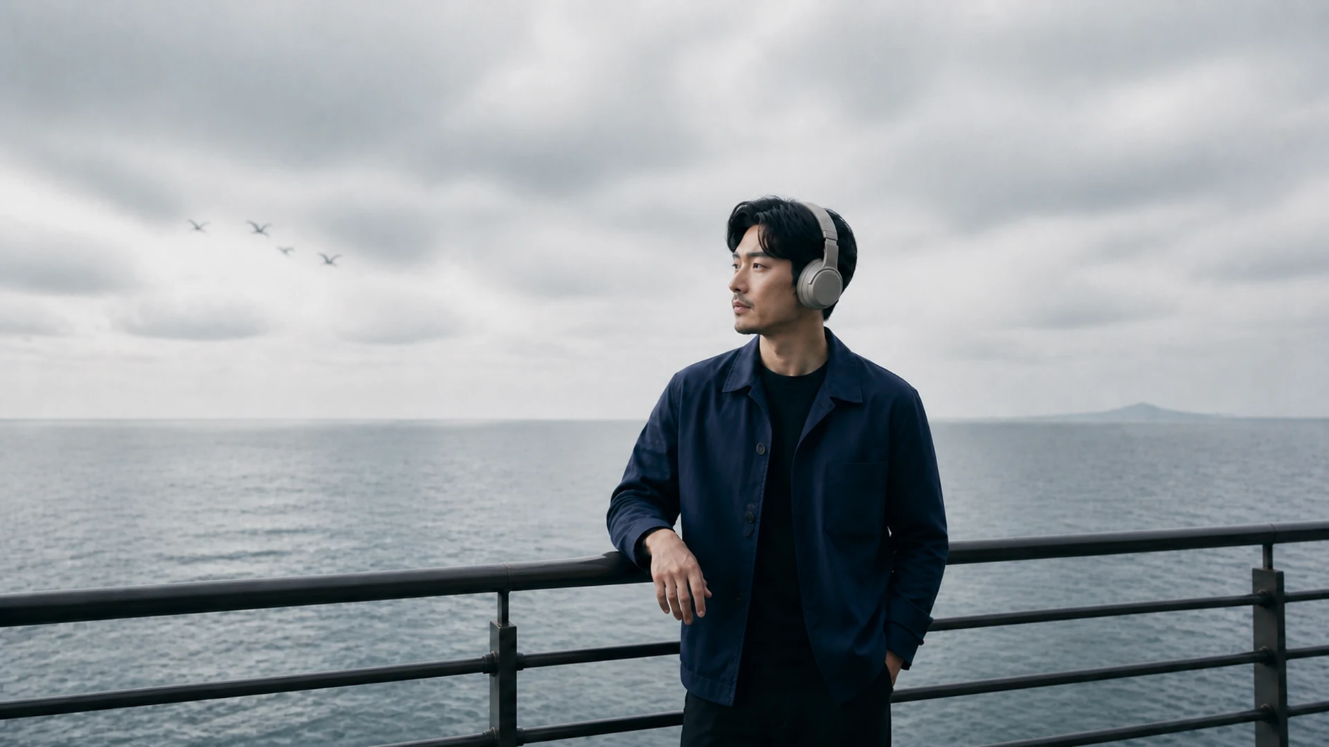 바닷가에서 LUME 헤드폰을 착용한 여행자