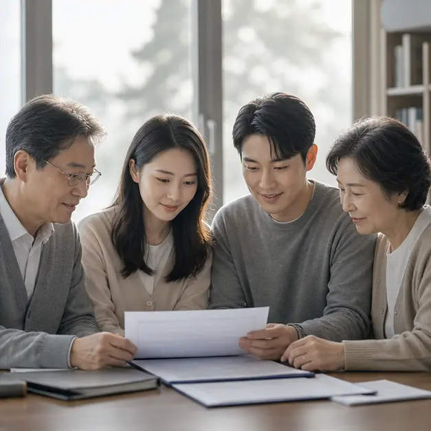상속 서류를 함께 살펴보는 가족