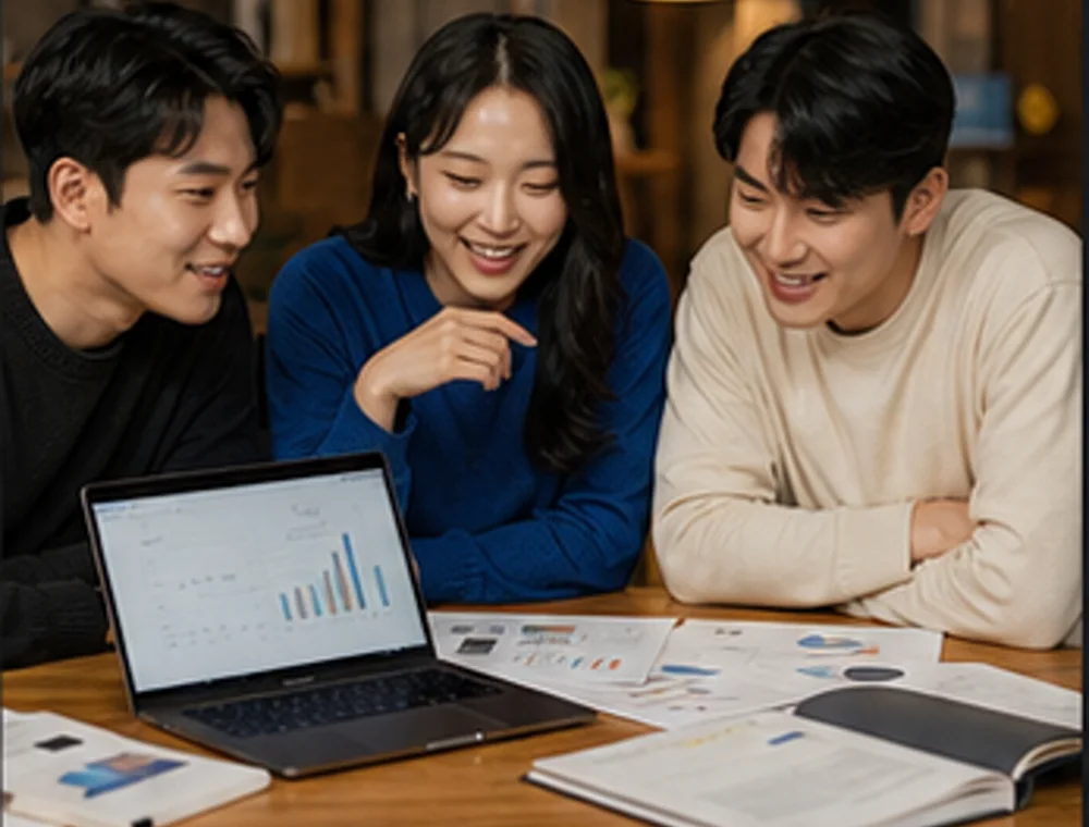 노트북의 성과 자료를 함께 검토하는 크리에이터 팀
