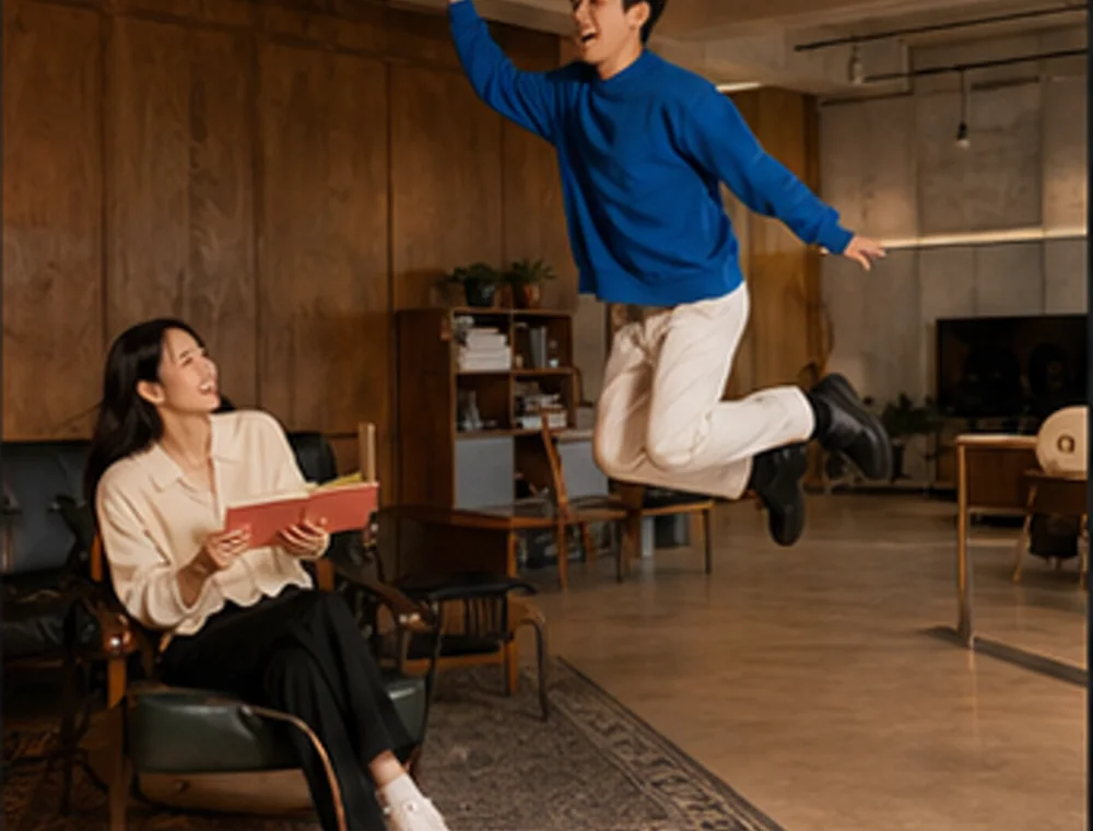밝은 노트를 든 크리에이터와 스튜디오에서 뛰어오르는 동료