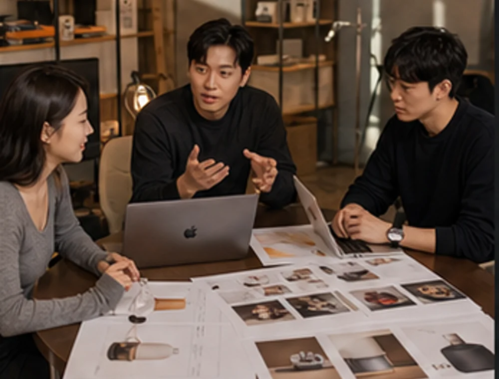 테이블 위 자료를 보며 캠페인을 논의하는 브랜드와 크리에이터 팀