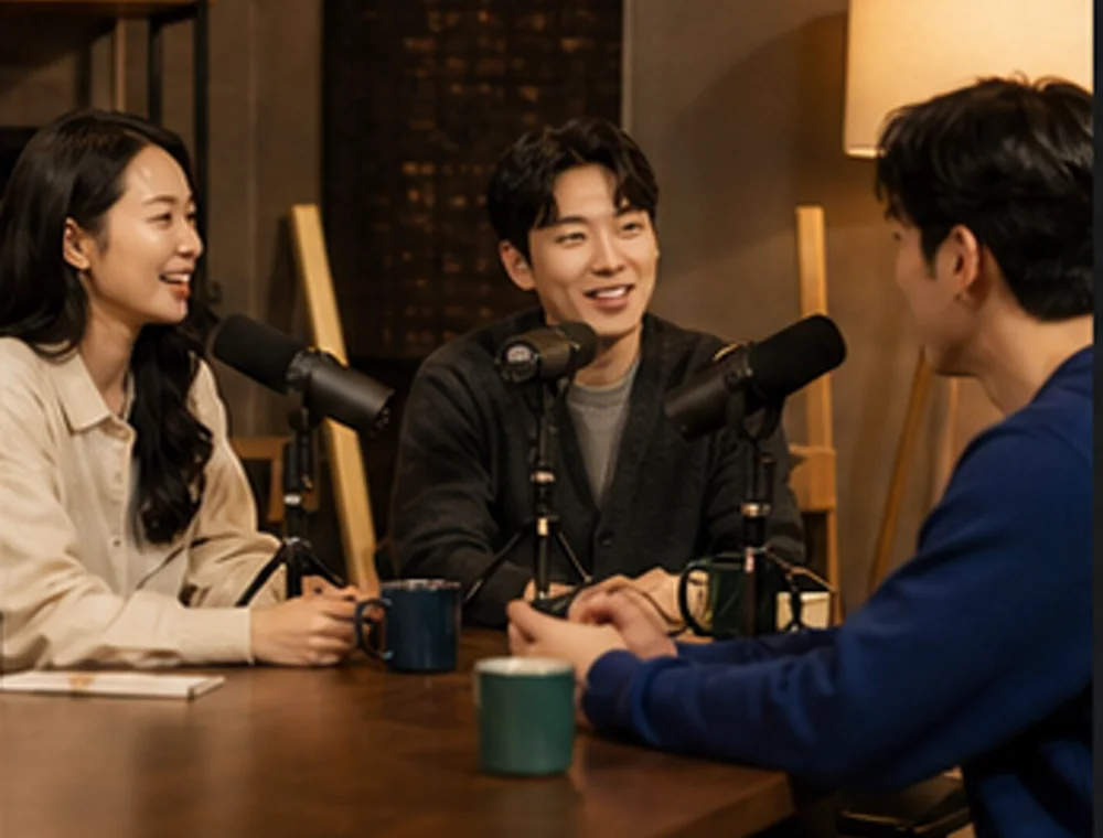 마이크 앞에서 대화하는 크리에이터 인터뷰 팀