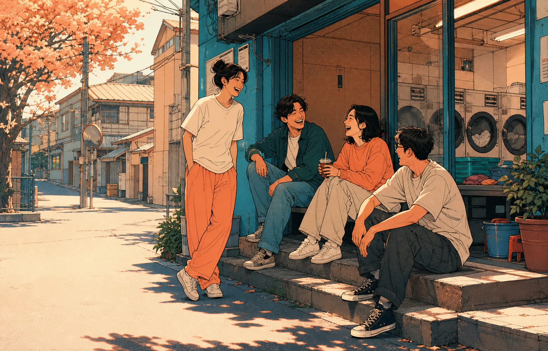 햇살 비치는 동네 세탁소 앞에서 웃고 있는 네 친구