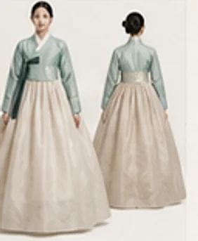 옥색 저고리와 아이보리 치마를 앞뒤로 본 여성 한복