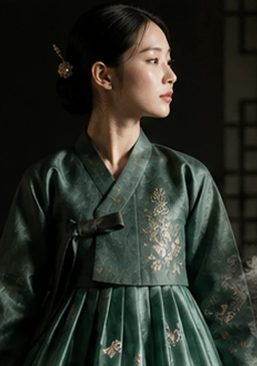 비취색 명주 저고리에 꽃 자수를 놓은 여성 예복을 입은 모습