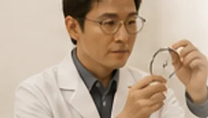 안경사가 렌즈를 들어 보이며 설명하는 모습
