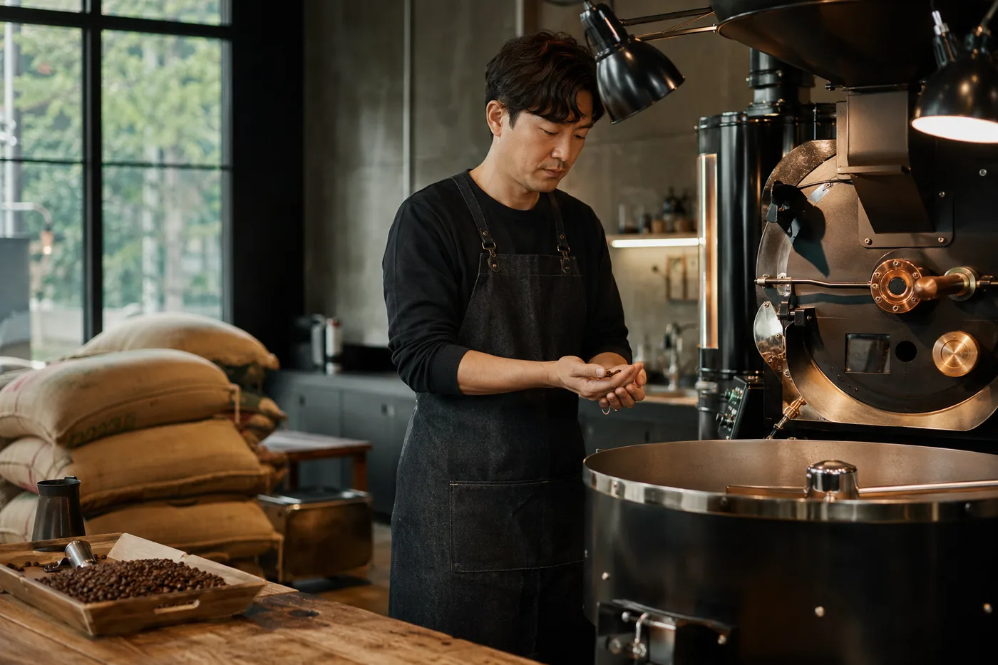 A roaster checking beans beside a copper drum roaster