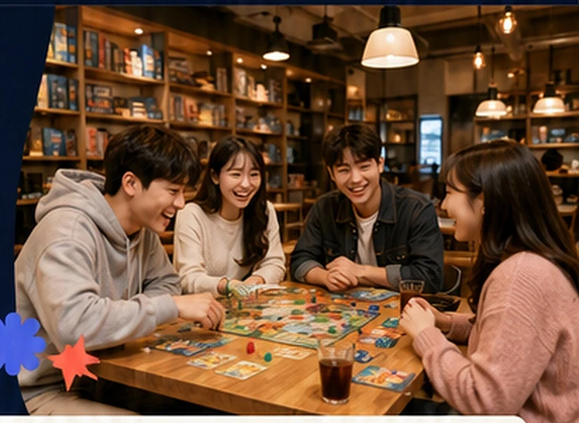 보드게임 테이블에서 함께 웃는 친구들