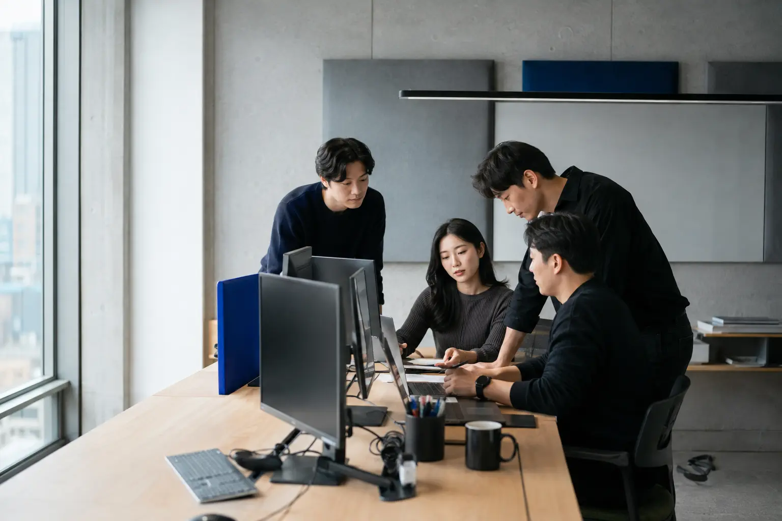 네 자리 팀 오피스에서 함께 일하는 사람들